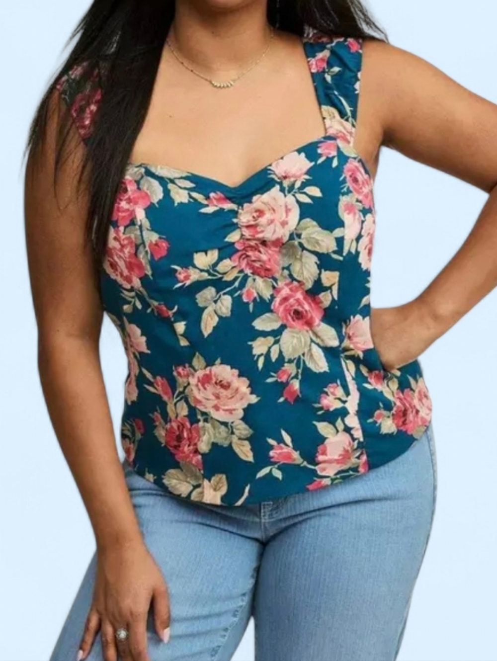 Torrid Teal Floral Challis Smoxked Top with Sweetheart Neckline, 2X